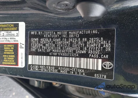 2013 Toyota Camry Xle from USA, damaged, VIN 4T1BF1FK6DU723254